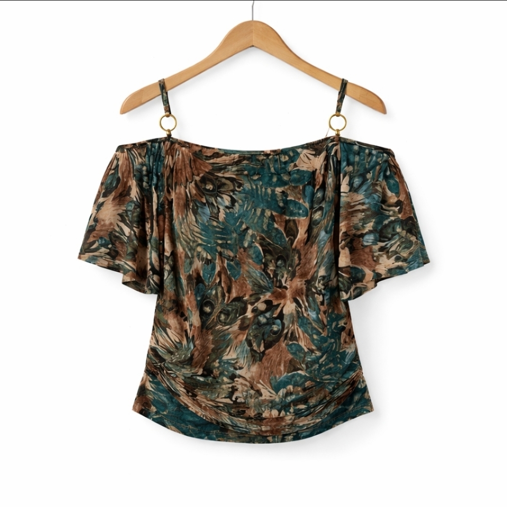 Monaco Green Dark Floral  Bohoemian Open Shoulder Blouse Sz Lg